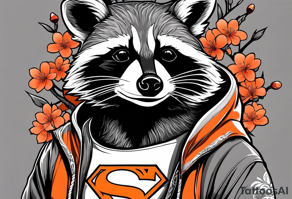 Raccoon wearing a white Superman logo on a black hoodie and orange Japanese cherry blossoms beside tattoo idea