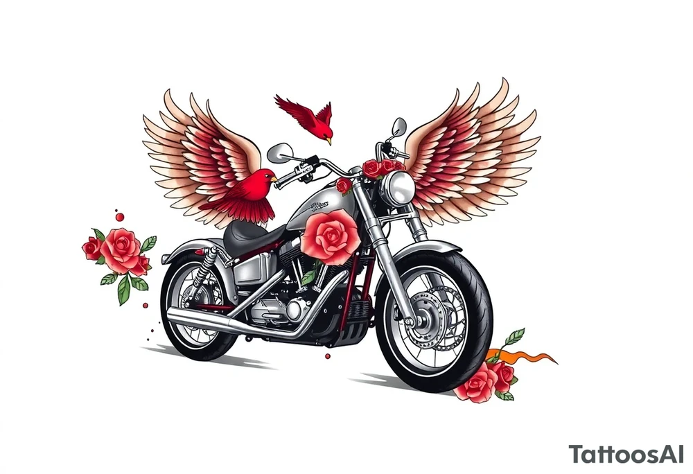 Harley grey motorcycle driving away, two red birds flying, roses, flames, angel wings tattoo idea