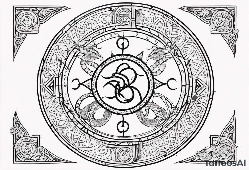 zodiac sigil gemini with a snake around it, viking and scandinavian style tattoo idea