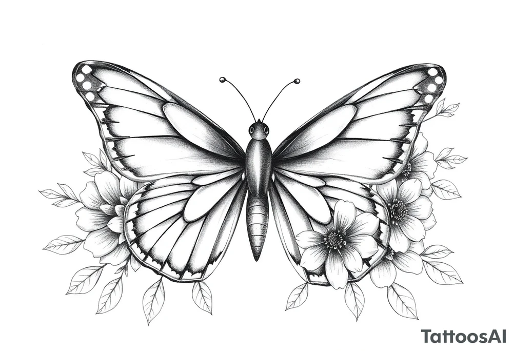 Butterfly half real half floral tattoo idea