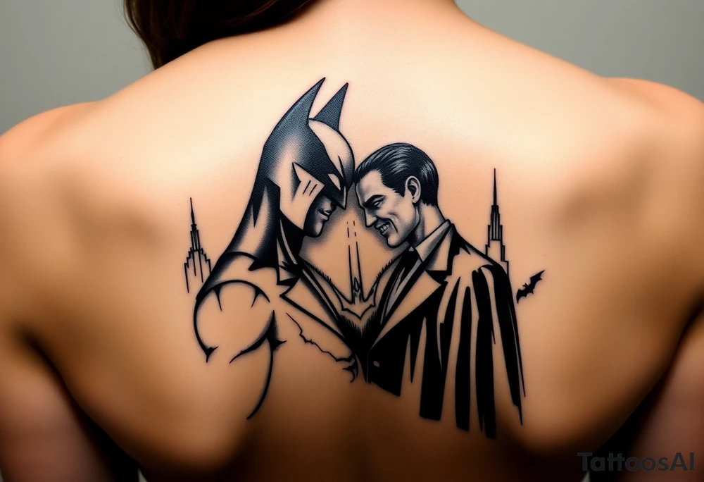 Batman facing off with the joker in Gotham city with buildings and with bat signal shinning tattoo idea