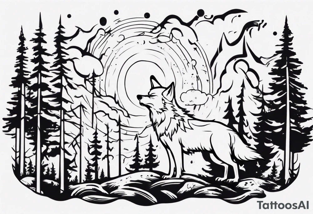 thunderstorm over a forest with a wolf howling on drums tattoo idea thunderstorm over a forest with a wolf howling on drums tattoo idea