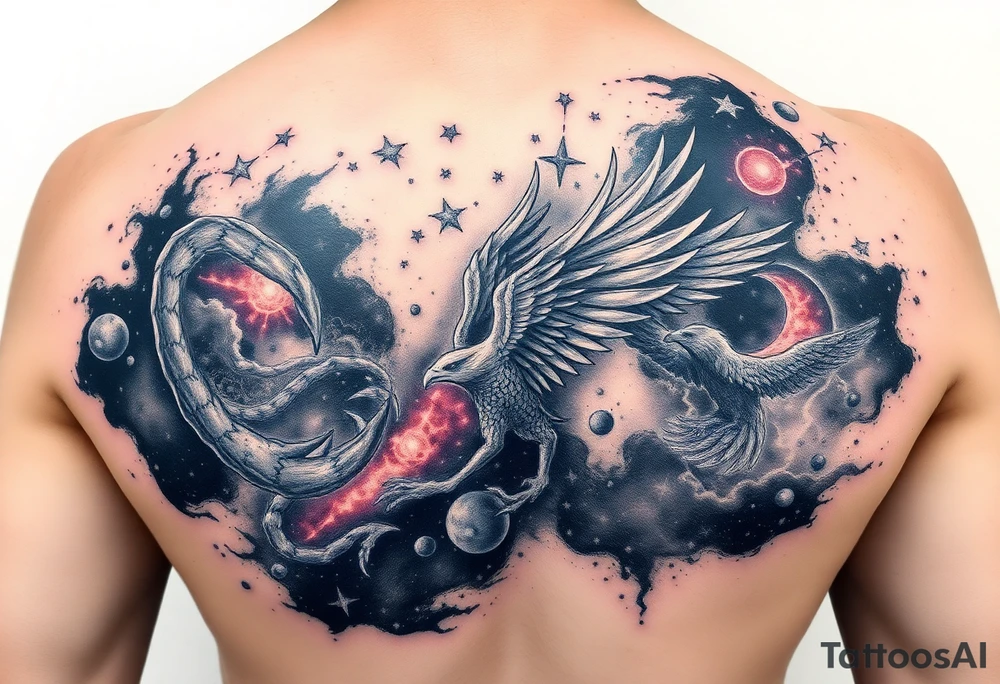 A swirling galaxy nebula, with embedded constellations forming the shapes of a scorpion, eagle, and phoenix. Textured cosmic dust and vibrant colors create depth and obscure the original tattoo. tattoo idea