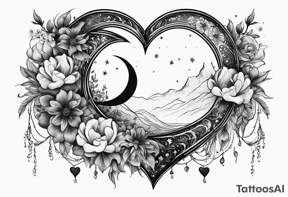 Crescent moon with a heart inside, shrouded by beautiful flowers with wisps of mist tattoo idea