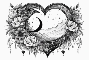 Crescent moon with a heart inside, shrouded by beautiful flowers with wisps of mist tattoo idea