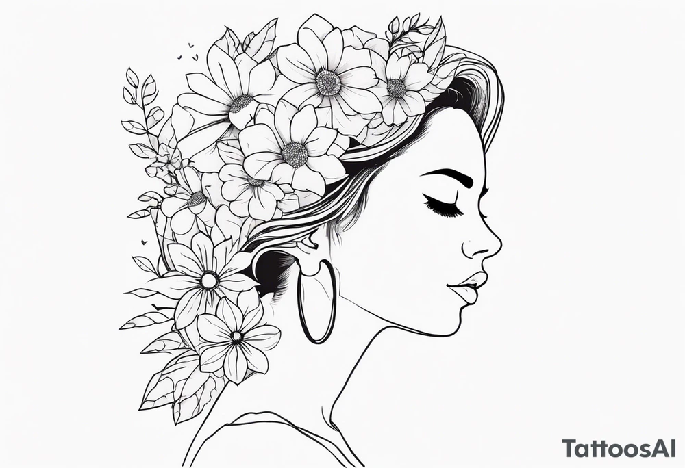 fine line tattoo with woman facing forward flowers covering her eyes and forehead with flowers growing out of her head tattoo idea