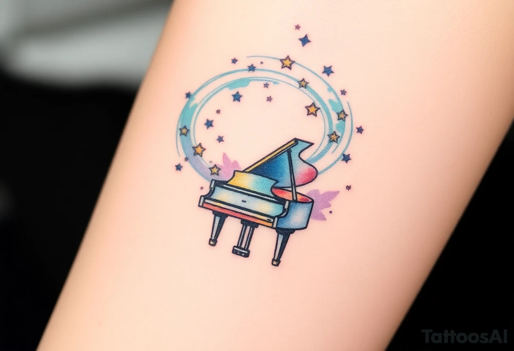 a grand piano under a swirl of stars tattoo idea