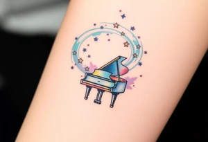 a grand piano under a swirl of stars tattoo idea
