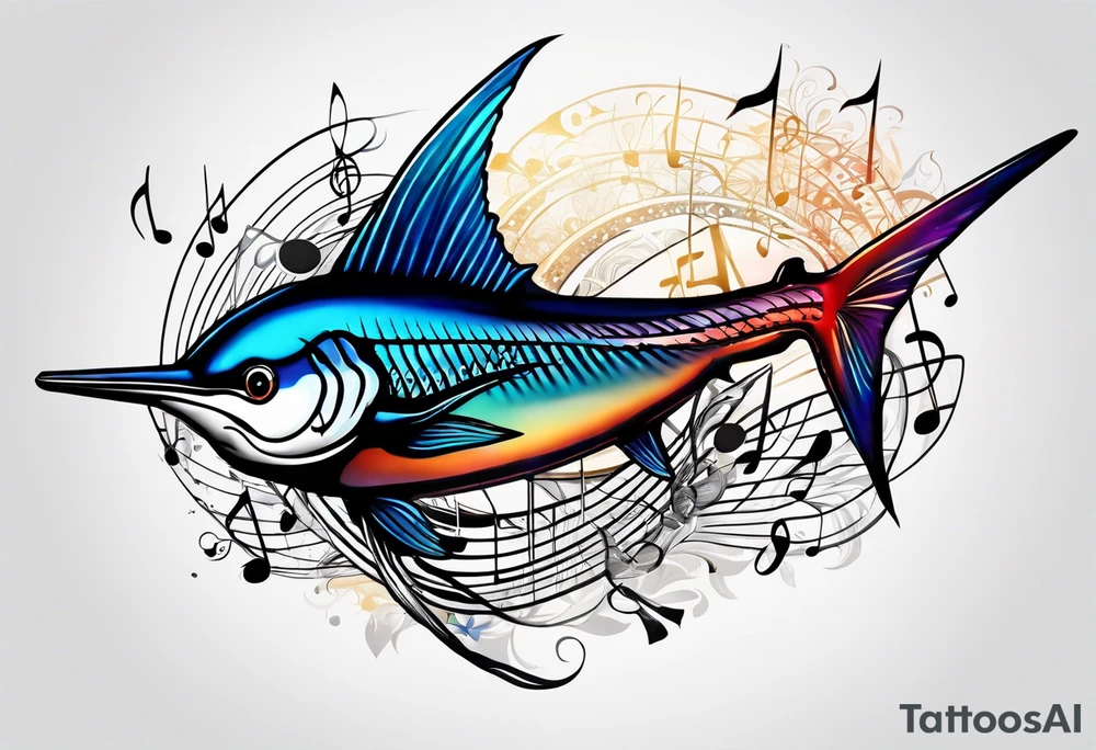 Marlin, musical notes, peace tattoo idea