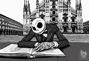 jack skellington leaning against milan cathedral as he reads the date June 07, 2023 tattoo idea