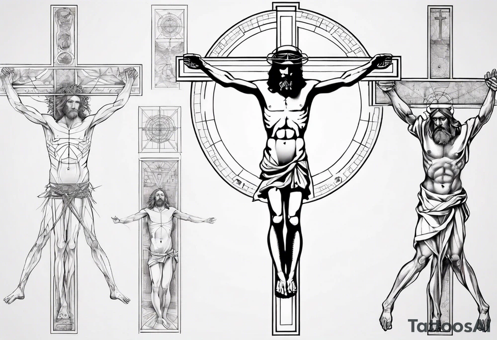 Geometric Vitruvian man combined with Jesus on the cross tattoo idea