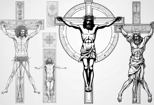 Geometric Vitruvian man combined with Jesus on the cross tattoo idea