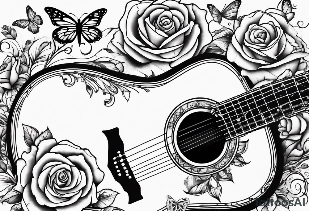 Acoustic guitar with roses and butterflies growing off the side tattoo idea
