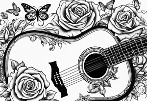 Acoustic guitar with roses and butterflies growing off the side tattoo idea