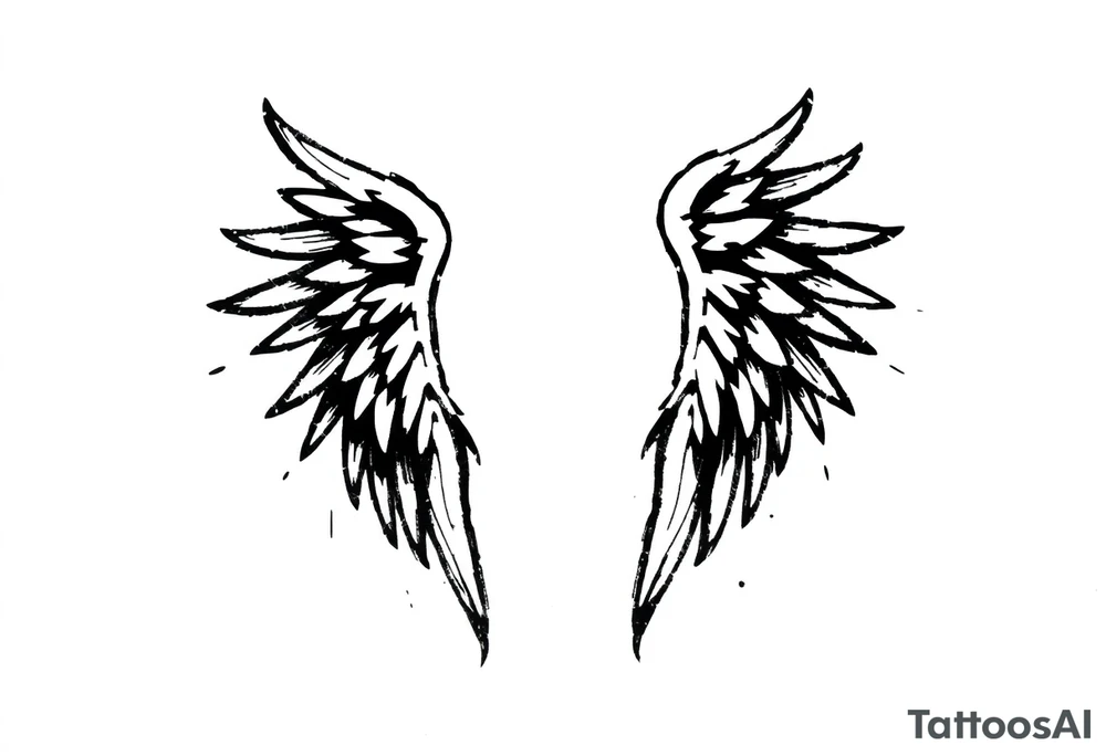 This tattoo design features a pair of asymmetrical angel wings drawn in black ink with a rough, sketch-like style. The left wing is darker, more defined, and appears denser, while the right wing is lighter, more delicate, and fragmented, creating a contrast between the two. The feathers are sharp and irregular, with fine lines and stray strokes extending outward, adding a raw and artistic feel. The overall look is dynamic and slightly chaotic, giving the impression of movement or an unfinished, ethereal form. This design symbolizes duality, freedom, transformation, or even struggle, making it a meaningful and visually striking tattoo. tattoo idea