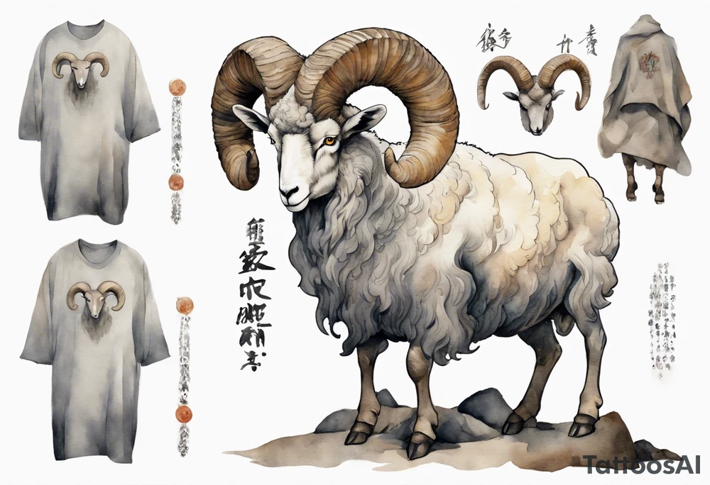 a solitary big-horned sheep with the arms and legs of a large man, wearing a grey tunic standing before a cave with cloven hooves for feet tattoo idea
