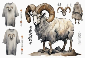 a solitary big-horned sheep with the arms and legs of a large man, wearing a grey tunic standing before a cave with cloven hooves for feet tattoo idea