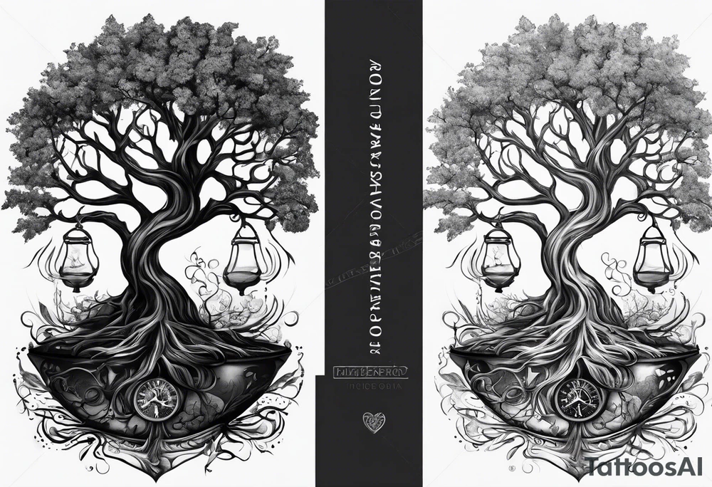 tattoo drawing of a tree with the roots coming out of a hour glass tattoo idea