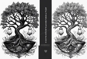 tattoo drawing of a tree with the roots coming out of a hour glass tattoo idea