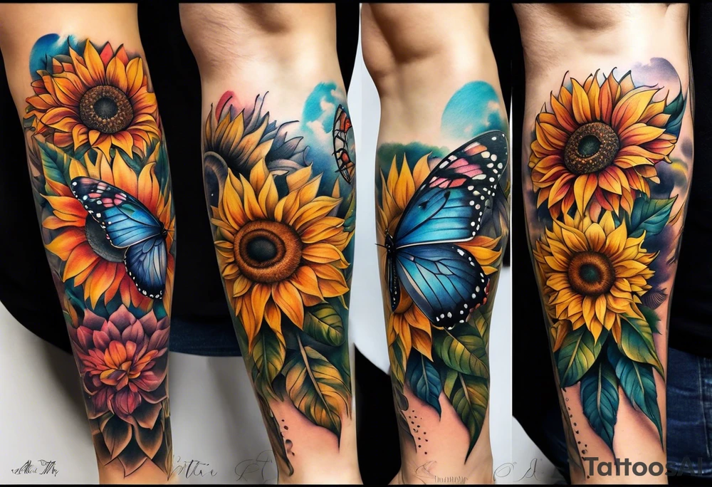 Leg sleeve with dreamcatcher, rainbow sunflowers and one butterfly tattoo idea