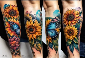 Leg sleeve with dreamcatcher, rainbow sunflowers and one butterfly tattoo idea