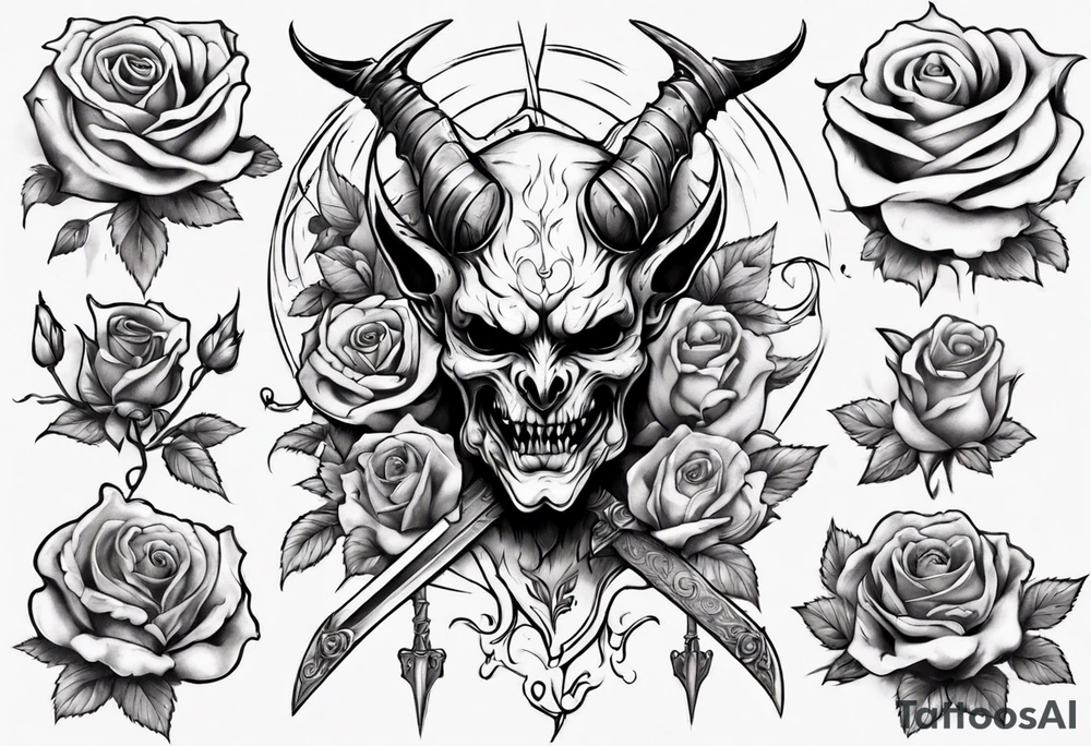 Demon with roses and sword tattoo idea