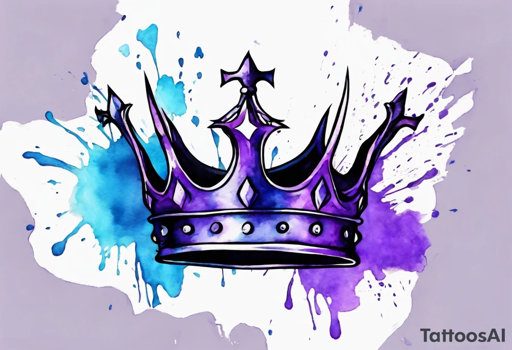 A black crown of a king on a water color background of purple and blue. Make it look realistic tattoo idea