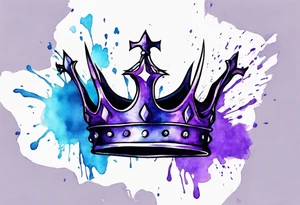 A black crown of a king on a water color background of purple and blue. Make it look realistic tattoo idea