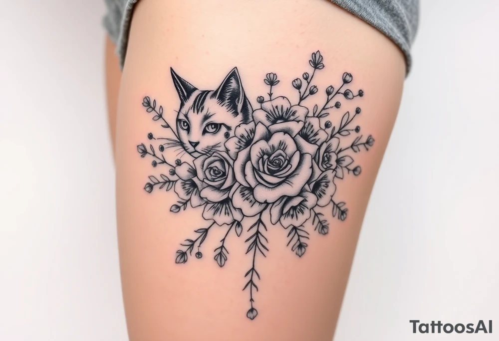 Egyptian cat vintage bouquet of roses and meadow flowers with morning dew tattoo idea