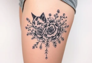 Egyptian cat vintage bouquet of roses and meadow flowers with morning dew tattoo idea