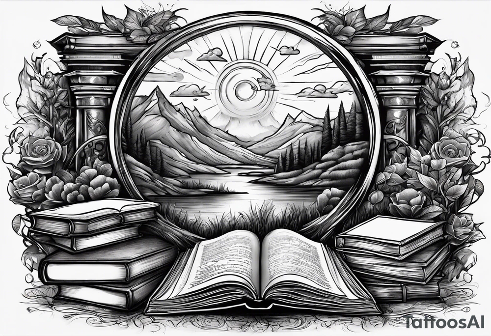 A stack of books surrounded with elements from Harry Potter, hunger games, the hobbit, pride and prejudice, twilight, and lord of the rings tattoo idea