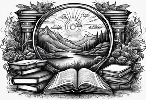 A stack of books surrounded with elements from Harry Potter, hunger games, the hobbit, pride and prejudice, twilight, and lord of the rings tattoo idea