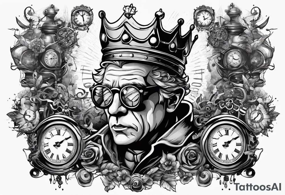 a mad scientist with a crown made out of clocks tattoo idea