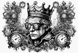 a mad scientist with a crown made out of clocks tattoo idea