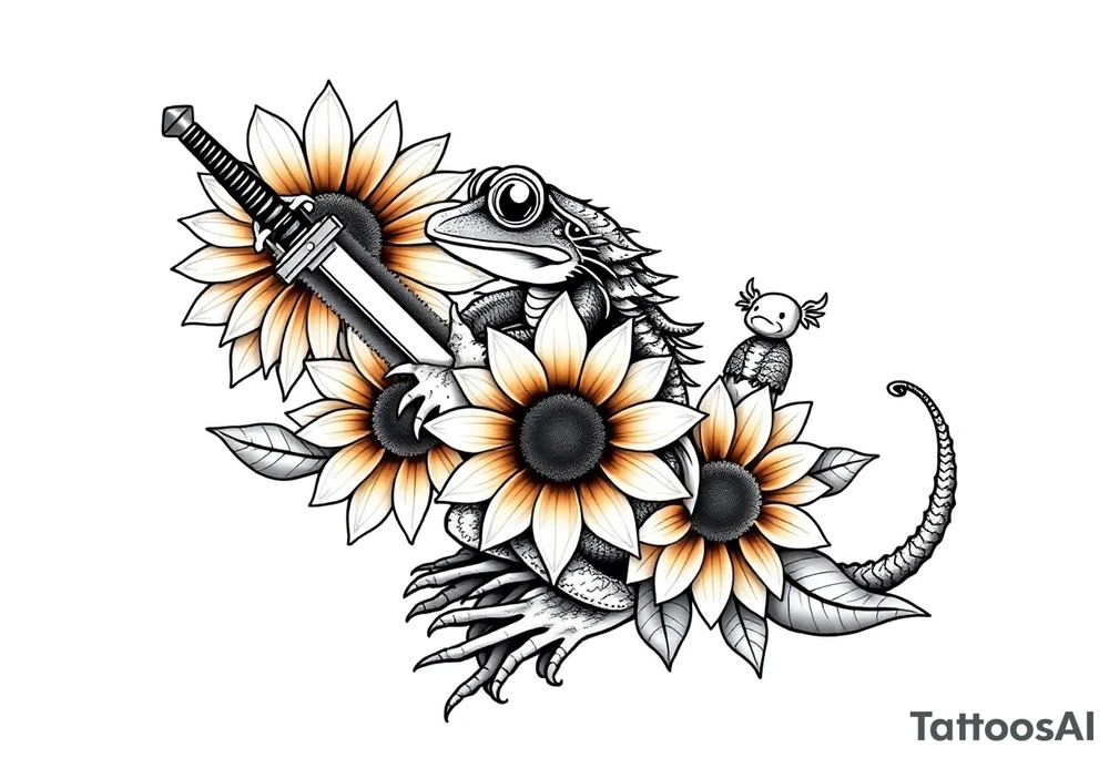 Frog warrior sword 3duck dragon sunflower tattoo idea