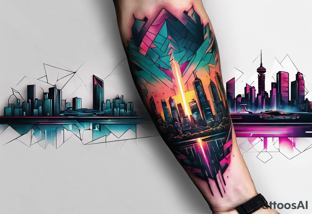 cyberpunk 2077, forearm tattoo, geometric, subtle, men, city skyline, 4k tattoo idea