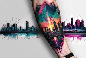 cyberpunk 2077, forearm tattoo, geometric, subtle, men, city skyline, 4k tattoo idea