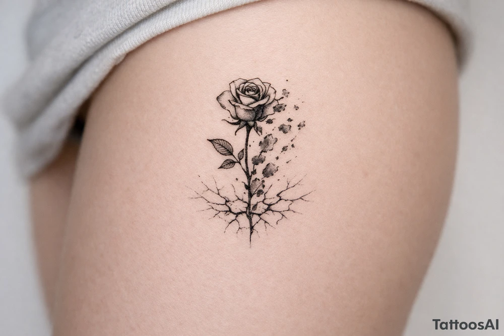 Delicate rose silhouette dissolving into watercolor fragments on shattered ice. tattoo idea