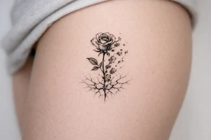Delicate rose silhouette dissolving into watercolor fragments on shattered ice. tattoo idea