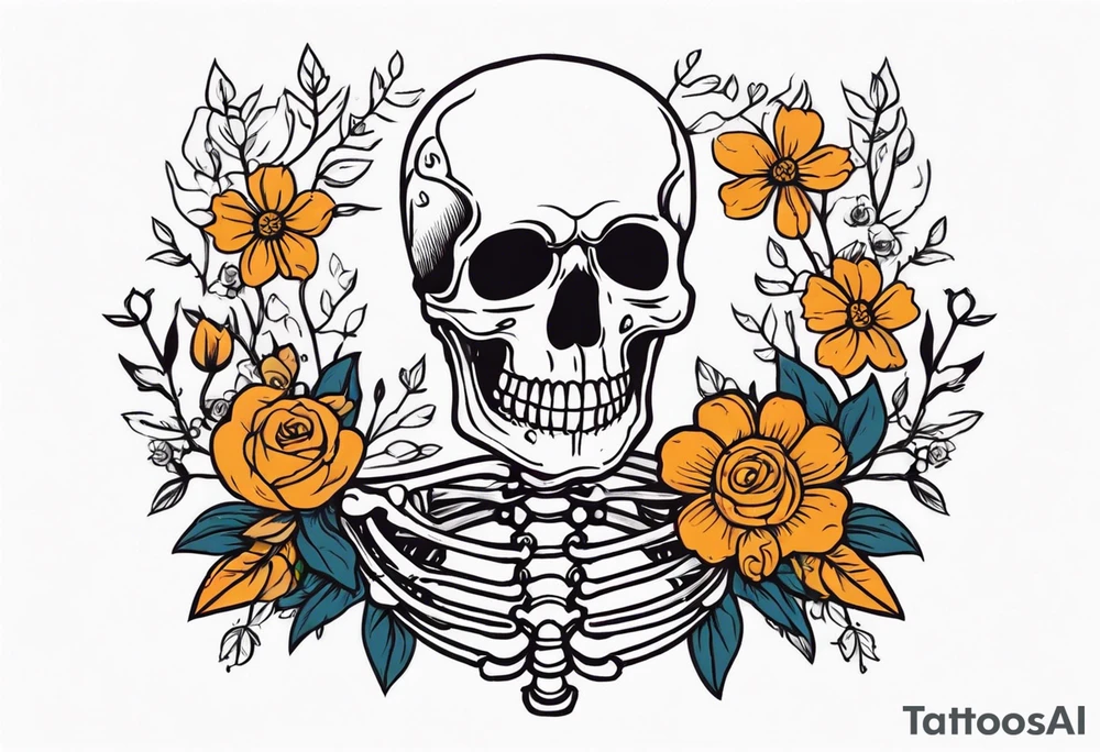 skeleton with body and flowers around it vintage sketch tattoo idea