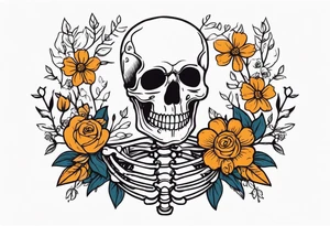 skeleton with body and flowers around it vintage sketch tattoo idea