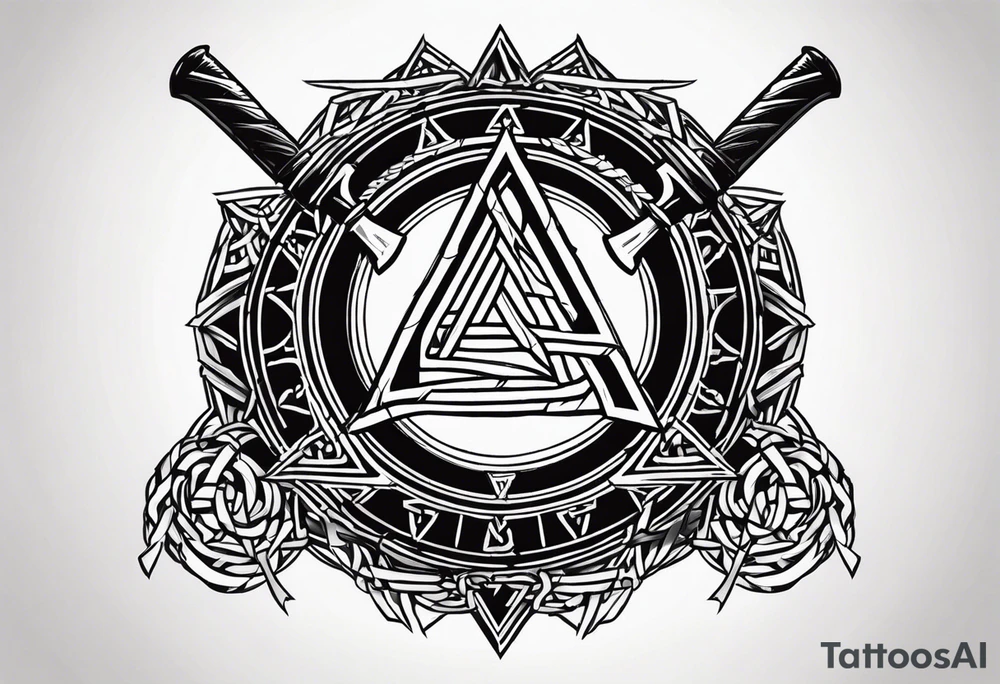 Valhalla sword shield axe barbed wire chains valknut tattoo idea