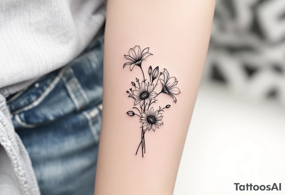 Dainty Stargazer lillies with small sunflowers and tulip buds in a dainty wildflower bouquet with stems tattoo idea