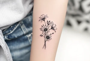 Dainty Stargazer lillies with small sunflowers and tulip buds in a dainty wildflower bouquet with stems tattoo idea
