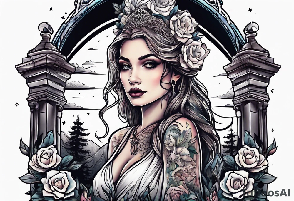 Woman walking out of a graveyard tattoo idea