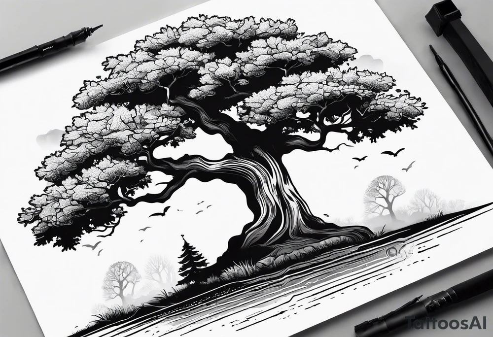 One line tattoo of oak tree with little gift at the bottom tattoo idea