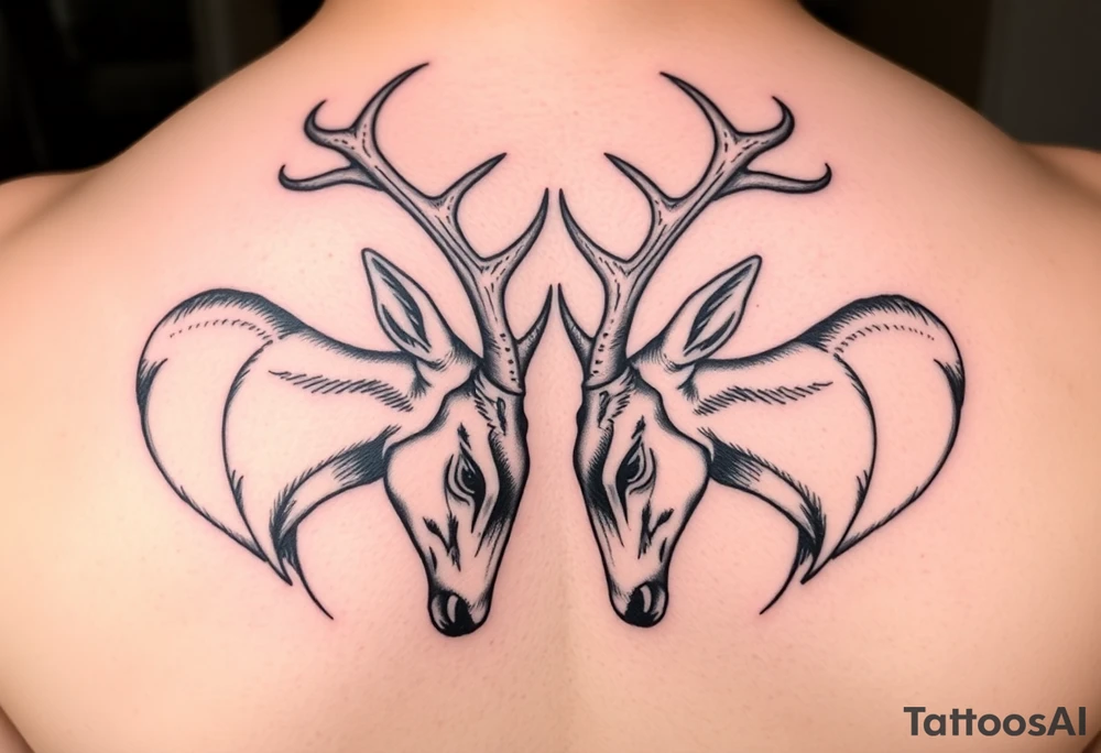 Entire Full body Two deer with their heads down hitting horns to show dominance. tattoo idea