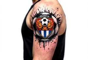 A half-sleeve design where a soccer ball morphs into the Slavia crest with realistic shading. tattoo idea