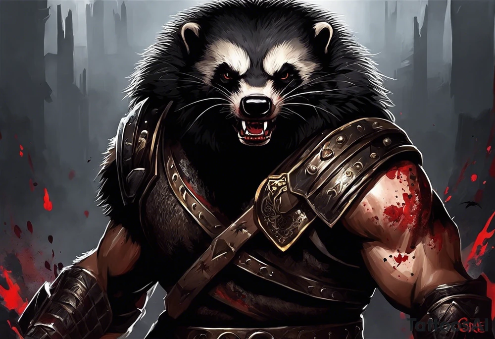 Draw me psychopath Fearless Honey Badger/Berserker with aggressive full body, killer face with a scary smile, very long nails and he attacks like a Bloody Assassin/Warrior/Gladiator to us and also, he has very deadly looking. He fights with his nails only. Everybody scares after their first sight. Give me horror type Badger Tattoo. I want to see his Realistic full body with no weapons. You can show destruction at the back. tattoo idea