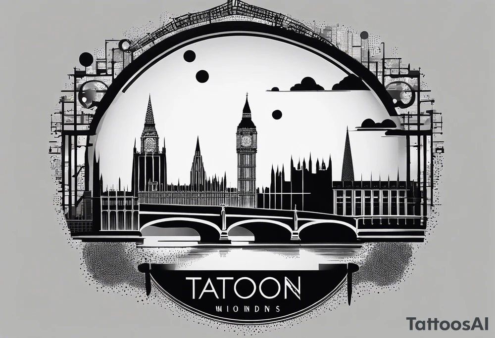 A minimalistic, abstract design capturing the architectural essence and vibe of London. Key elements of London’s skyline and structure are hinted at with clean lines, and subtle detailing includes personal touches, like a nod to Feid’s signature look (hat, glasses, mustache), integrated discreetly to honor a memorable concert experience. tattoo idea
